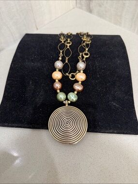 Gold-Tone Spiral Pendant Necklace with Multicolor Pearl Beads